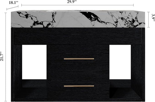 30" Modern Black Bathroom Vanity Sink Set Wall-Mounted Bathroom Vanities with Marble Sintered Stone Top&Ceramic Sink 30 inch Floating Bathroom Sink Cabinet with 2 Drawers&2 Cabinets