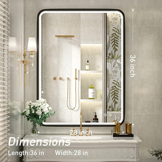 36x28 Inch LED Black Frame Bathroom Mirror,3 Color | ETL Listed,Anti-Fog,3000K/4500K/6000K Dimmable,Horizontal & Vertical,Wall Mounted,Memory Function