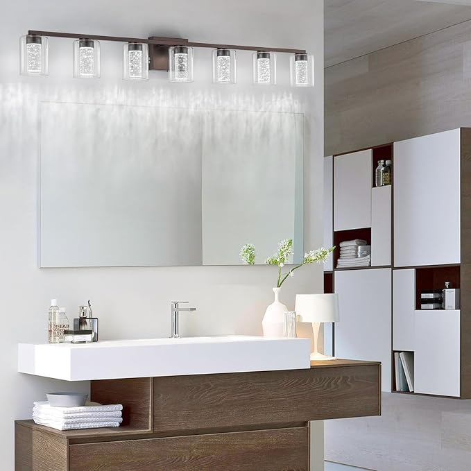 SineRise 7-Light Bronze Vanity Light with 3 Color Modes (3000K/4000K/6000K), Eye Protection LED Bathroom Light Fixture, Dimmable Modern Wall Light Over Mirror with Clear Glass Shade