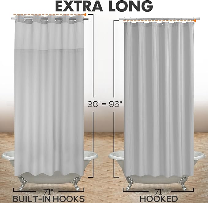 River Dream Extra Long No Hook Shower Curtain with Snap-in Liner, Gray | 71W x 98H, Snap on/off Waterproof PEVA Liner, See Through Top Window, Floor to Ceiling Hotel Style Shower Curtain Set