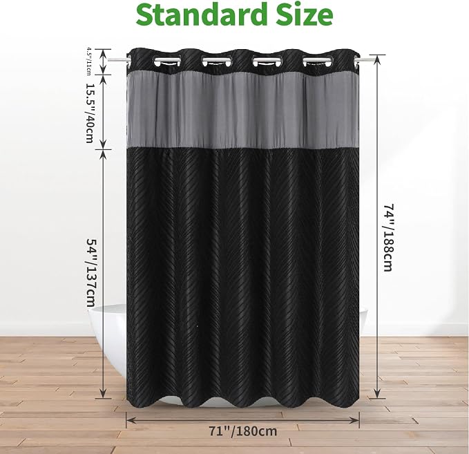 eachope no Hook Shower Curtain and Liner Set,Boho Style with See Through Top Window, Black Fabric Tufted Striped Textured Outer Curtain & Waterproof Inner Liner, DarkBlack, 71Wx74H