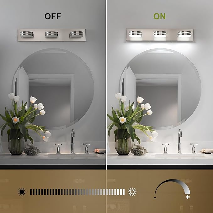 Brushed Nickel Bathroom Vanity Light, (24in Dimmable) 3-Light Bathroom Light Fixtures Over Mirror, LED 5500K Vanity Lights with 360°Rotating Lamp Head
