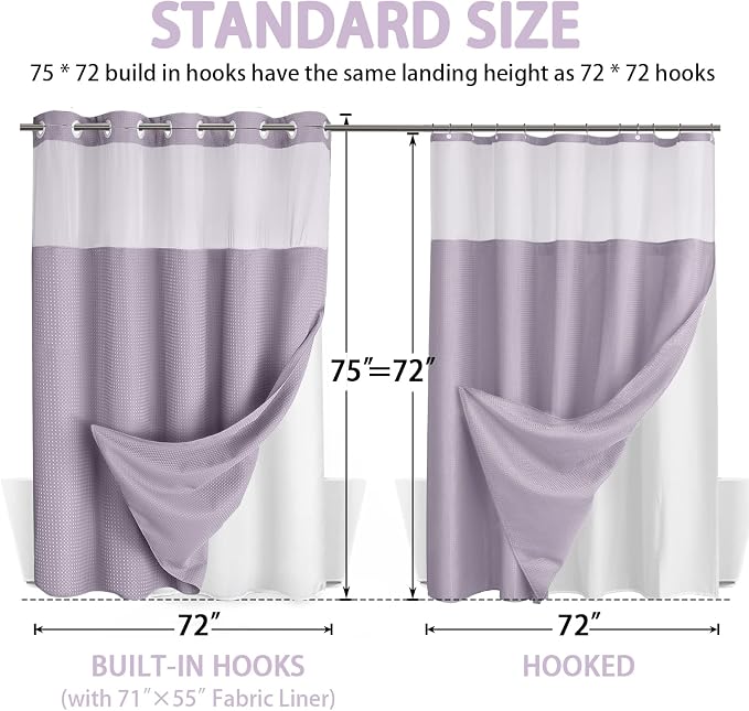 No Hook Shower Curtain with Liner Set Hotel Waffle Lavender 72W X 75L | Washable Snap in Fabric Liner, Mesh Top Window, Waffle Hotel Style Shower Curtain Set