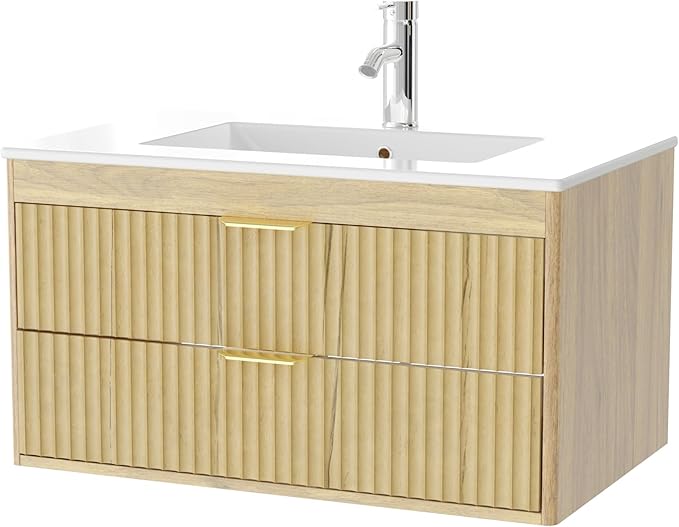 30 Inch Floating Bathroom Vanity with Sink, Bathroom Wall Cabinet with 2 Fluted Drawers & Metal Handle, Wall Mounted Cabinet for Bathrooms (Natual Yellow, 30 inch, with Sink)
