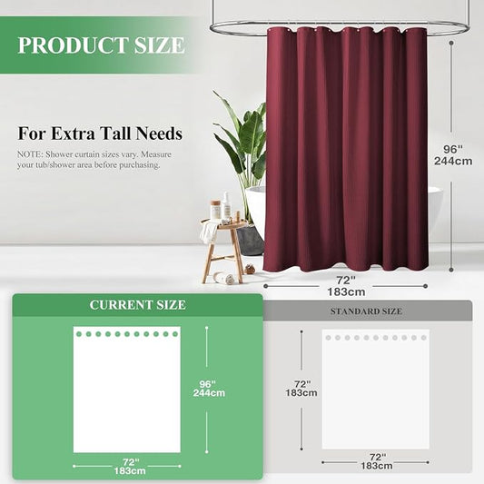 Extra Long Waffle Shower Curtain 256 GSM Fabric 72x96 Burgundy | 96 Inch Tall, Thick Cloth, Weighted Hem, Water Repellent, Hotel Luxury Polyester Shower Curtain Set for Bathroom 12 Hooks