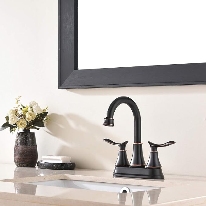 KINGO Bathroom Faucets for Sink 3 Hole, 2 Handle 4 inch Oil Rubbed Bronze Bathroom Sink Faucet with Pop-up Drain and Supply Hoses, Stainless Steel Lead-Free Centerset Faucets for Vanity RV, 2 Pack