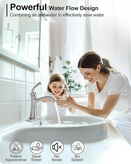 Brushed Nickel Bathroom Faucet Single Handle, Brass Bathroom Vanity Faucet 4 Inch Bathroom Sink Faucet 1 Hole or 3 Holes, Bathroom Faucets with Deck Plate & Pop-up Drain, No Noise