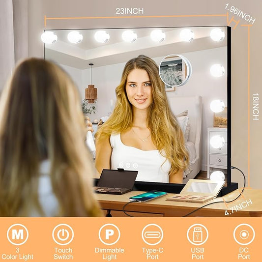 Moonee Black Vanity Mirror with Lights, Hollywood Lighted Makeup Mirror with 15 Dimmable Bulbs and 10X Magnification, 3 Colors Modes, Aluminum Metal Frame, Light Up Mirror for Tabletop/Wall(23" x 18")