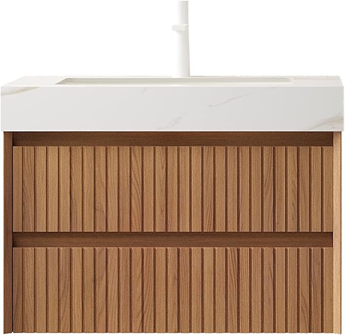 30" Bathroom Vanity with Sink, Modern Bathroom Floating Vanity with Travertine-Pattern Sintered Stone Top & Ceramic Undermount Basin, Pre-Assembled W/2 Drawers, Espresso/W