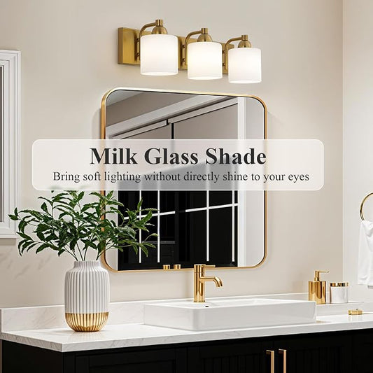 Mecgirn Stainless Steel Milk Glass Vanity Lights for Bathroom, 3 Light Gold Bathroom Light Fixtures Over Mirror, Ceramic E26 Sockets Wall Mounted
