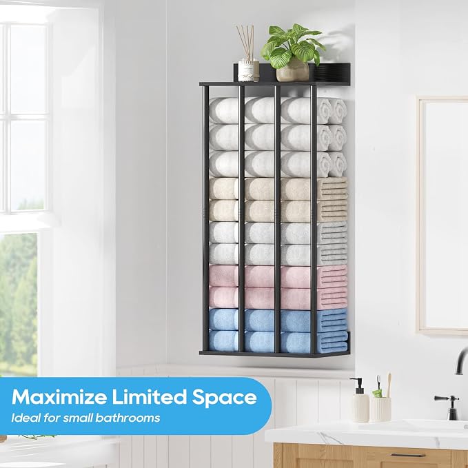 Wall Mounted 4-Bar Towel Rack with Wooden Shelf, Bathroom Storage Holder | Large Bathroom Towel Storage Rack for Rolled Towels, Modern Black Metal Towel Organizer Shelf with Wooden Storage Shelf