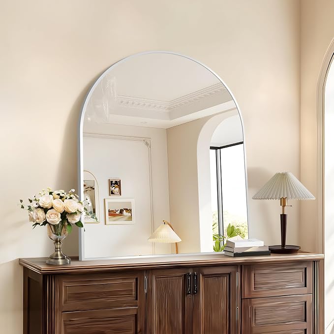 COFENY Arched Mirror, 30’’x36’’ Silver Arch Mirrors for Bathroom Sink, Bathroom Vanity Mirror with Metal Frame, Modern Wall Mounted Mirror for Bedroom Living Room Mantle Entryway