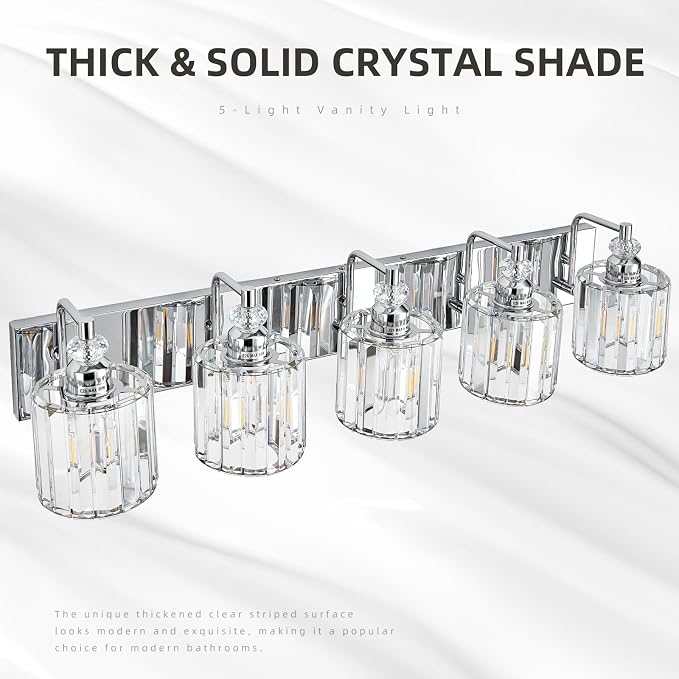 5-Light Modern Bathroom Light Fixture Chrome Bathroom Vanity Lights Over Mirror Wall Sconce Lighting with K9 Crystal Shades E26 Base for Bedroom, Living Room, Hallway Wall Lamp
