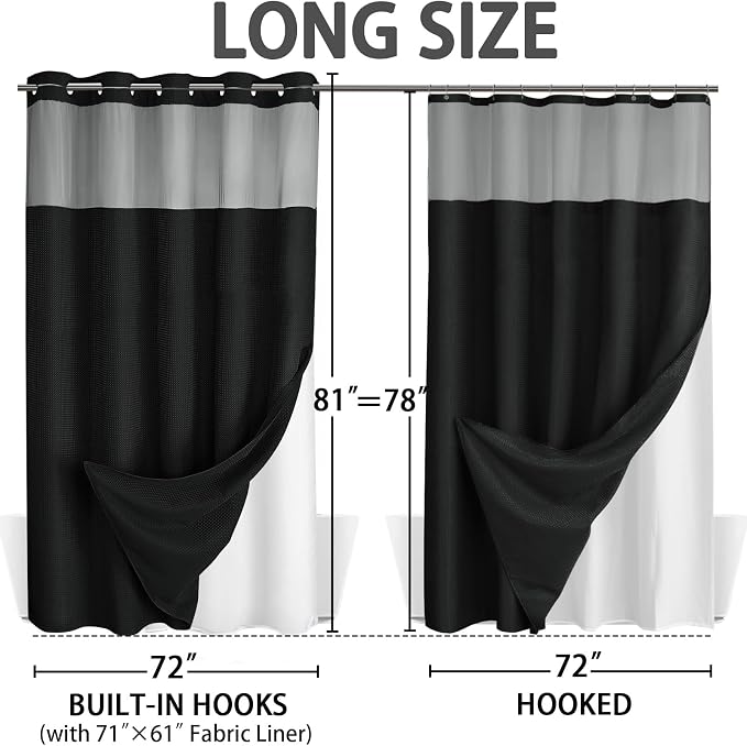 No Hook Shower Curtain with Liner Set Hotel Waffle Curtain Black 72W X 81L | Washable Snap in Fabric Liner, Mesh Top Window, Waffle Hotel Style Shower Curtain Set