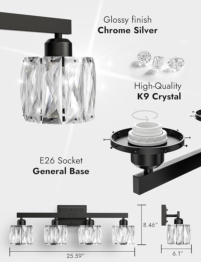 VOLISUN Crystal Vanity Lights for Bathroom, 4 Light Bathroom Vanity Light, Modern Matte Black Bathrooms Light Over Mirror, Black Bathrooms Lights Fixtures-UL Certificated(Exclude Bulb)