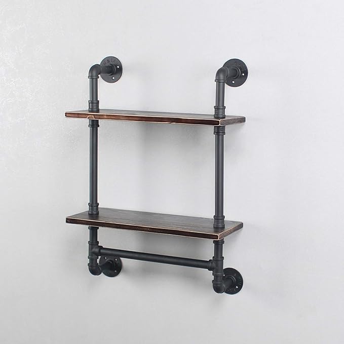 Industrial Pipe Shelf Bathroom Shelves Wall Mounted,19.6in Rustic Wood Shelf with Towel Bar,2 Tier Farmhouse Towel Rack Over Toilet,Pipe Shelving Floating Shelves Towel Holder,Retro Black