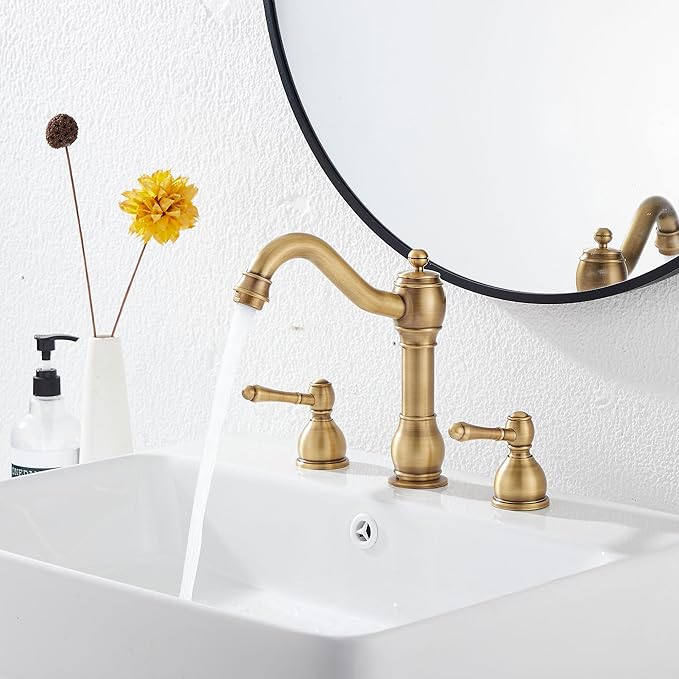 GGStudy 2 Handles 3 Holes Faucet Widespread Bathroom Sink Faucet Basin Tap Mixer Supply Hose Included Matching Pop Up Drain Antique Brass