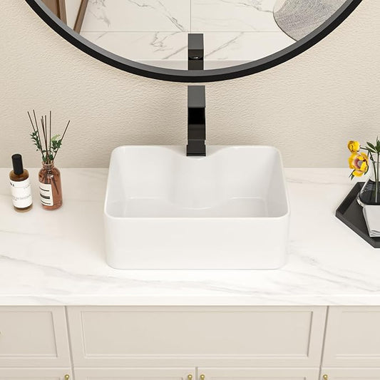 Bathroom Vessel Sink 16" x 12" Rectangle Vessel Sink With Black Faucet And Black Drain Combo Bowl Sink Bathroom Countertop Rectangular White Farmhouse Lavatory Vanity Sink Basin