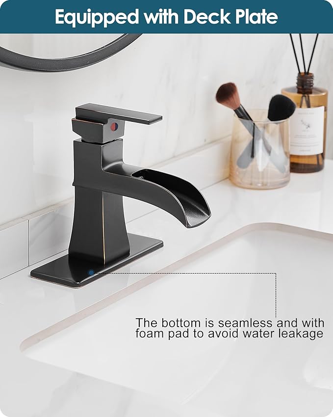 Bronze Bathroom Faucet 1 Hole or 3 Hole (4 Inch), Brass Waterfall Bathroom Faucets Single Handle, Farmhouse Faucet for Bathroom Sink with Deck Plate & Water Hoses, Not Equipped Pop-up Drain