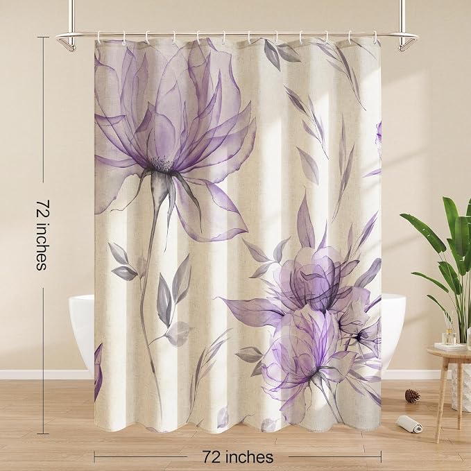 Purple Floral Linen Shower Curtain, Watercolor Botanical Design, 72 x 72 | Boho Floral Design, Watercolor Botanical Style, Ink Painting Flowers & Leaves, Linen Blend Fabric Curtain