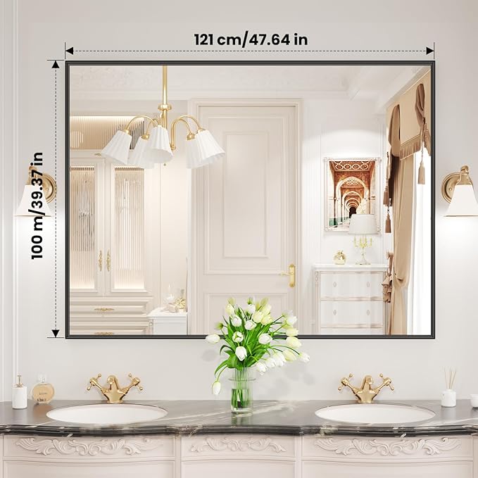 LOAAO Black Bathroom Mirror 48"X40" Rectangle Vanity Mirror | Tempered Glass, Hangs Vertically or Horizontally, Easy to Install, Wall Mounted, Modern Design