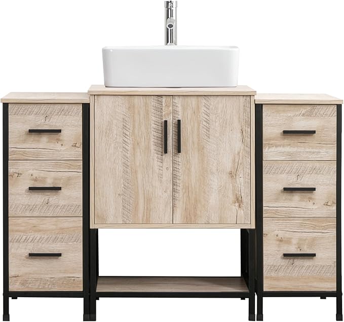 UEV 48" Bathroom Vanity,Oak Color Bathroom Vanity Set with Sink and 3 Drawers Side Cabinet Combo,with Adjustable Water Temperature Faucet (T03)