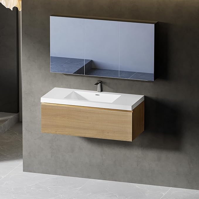 36'' Floating Bathroom Vanity with Sink Combo, Modern Wall-Mounted Striped Bathroom Storage Cabinet with Soft-Close Drawer and Glossy White Solid Surface Basin, No Assembly Required, Natural Oak