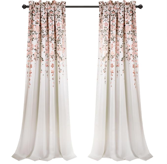 Lush Decor Weeping Flower Light Filtering Window Curtain Panels, Pair, 52"W x 84"L + 2" Header, Blush & Gray - Charming Modern Floral Curtains for Living Room, Dining Room, & Bedroom