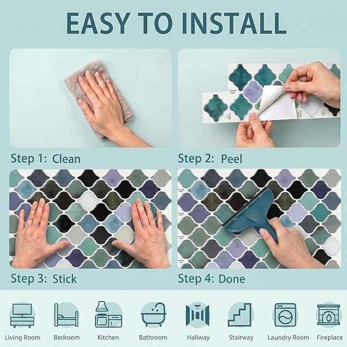 Arttown Peel and Stick 3D Wall Backsplash 10-Sheet 12" × 12" Moroccan Teal | Subway Tile Self Adhesive Thicker Design Wall Tiles Panel Wallpaper for Kitchen Bathroom Balcony Rental Housing