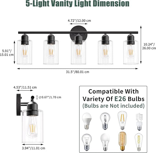 Espird Bathroom Vanity Light Fixtures Matte Black Bathroom Lighting Fixture, 5 Lights Bathroom Light Fixture Over Mirror, Modern Black Vanity Light, Wall Sconces with Glass Shades