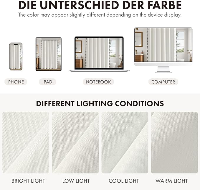 ANRODUO White Scalloped Linen Textured Shower Curtain, W72 x L80 | Boho Farmhouse Shower Curtain with 12 Metal Hooks, Machine Washable Waterproof Heavy Duty Fabric for Bathroom Bathtub