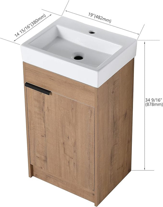 18'' Freestanding Bathroom Vanity with Sink, 18 Inch Floor Mount Single Sink Bathroom Vanities Set, Modern Bathroom Cabinet, with Soft Closing Door, Imitative Oak