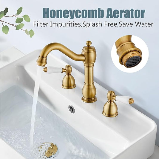 Aolemi 8 Inch Widespread Bathroom Sink Faucet 3 Hole Deck Mount Vanity Basin Mixer Tap with Pop Up Drain Assembly Antique Brass Double Ceramic Handle