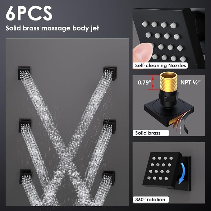 Enga Full Body LED Thermostatic Shower System with Body Jets, 20-Inch 3 Function Shower Head (Rainfall & Mist & Waterfall), Luxury Multi Function Rain Shower Faucet Set, Matte Black