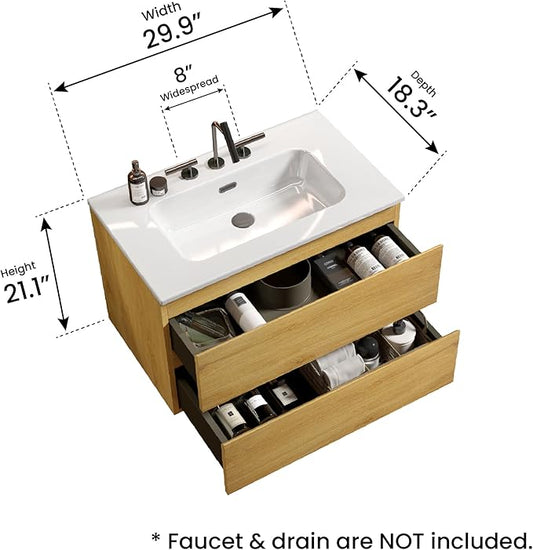 30" Bathroom Vanity with Sink, Modern Floating Vanity with Double Soft Closing Drawers, Large Storage for Small Space, Natural Oak, Fully Assembled - Iris Collection