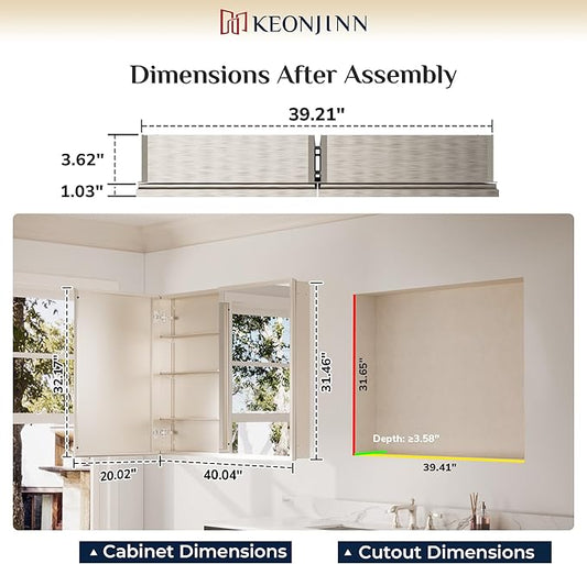 Keonjinn Medicine Cabinet Mirror 40" x 32", Assembly Needed, Brushed Nickel Medicine Cabinet with Mirror for Bathroom, Beveled Framed, Adjustable Shelves, Wall-Mounted or Recessed, Tempered Glass