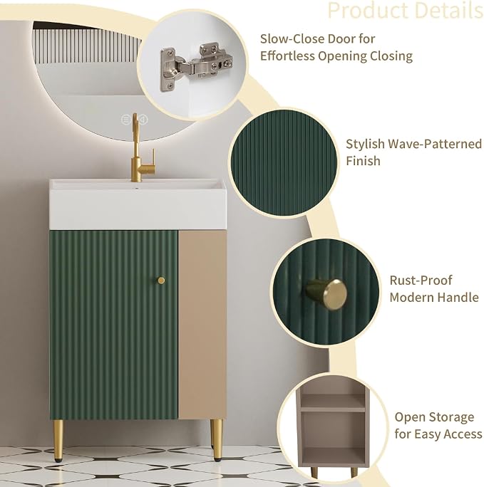 21.6" Freestanding Bathroom Vanity with Ceramic Sink, Green | Ceramic Sink, Wave-Pattern Door & Two-Layer Right Open Compartment, Bathroom Storage Cabinet, Easy Installation