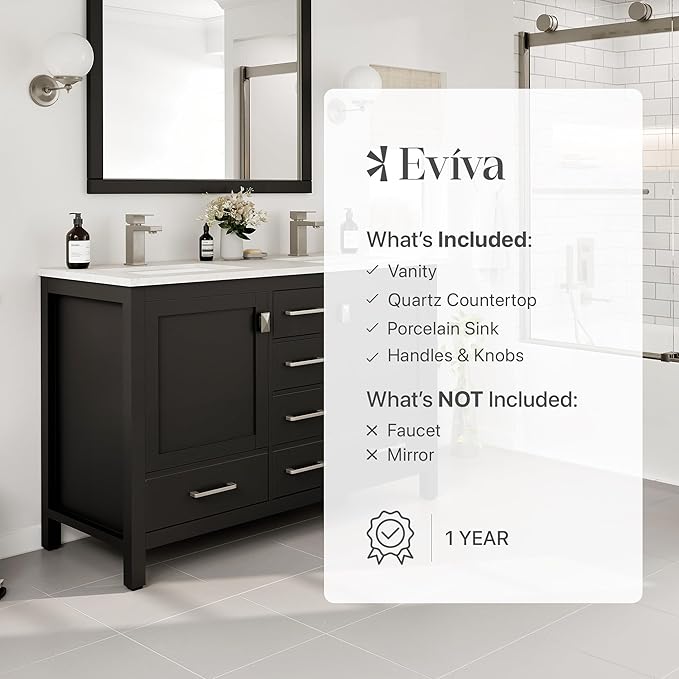 Eviva London 48 x 18 inch Espresso Transitional Double Sink Bathroom Vanity with White Carrara Quartz Countertop and Undermount Porcelain Sinks