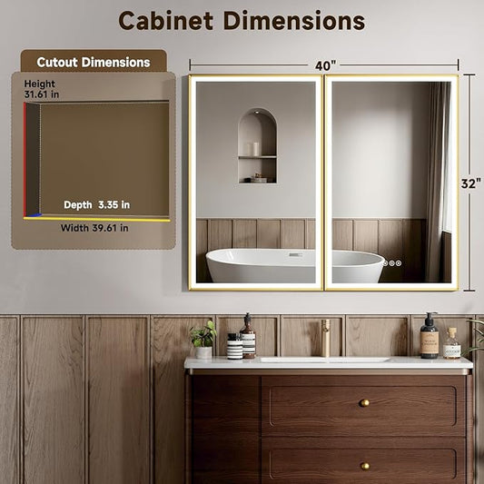 40X32 Inches Framed Medicine Cabinet with Lights, Bathroom Medicine Cabinet with 3-Color/Dimmable, Anti-Fog, Plug-in & Hardwired, Surface Mount & Recessed