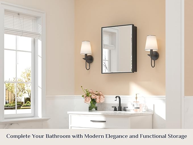 Keonjinn 20" x 26" Black Medicine Cabinet with Mirror, Adjustable Shelves | Wall Mount or In Wall Medicine Cabinet for Bathroom, Fully Assembled, Aluminum Metal Cabinet, Beveled Mirror, Anti-Rust