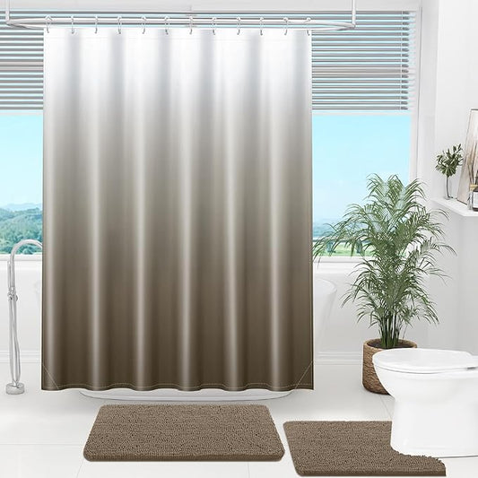OLANLY Luxury Tan and White Ombre Shower Curtain Sets with 12 Hooks, Waterproof and Washable Decorative Shower Curtains for Bathroom, 72x72 Inches