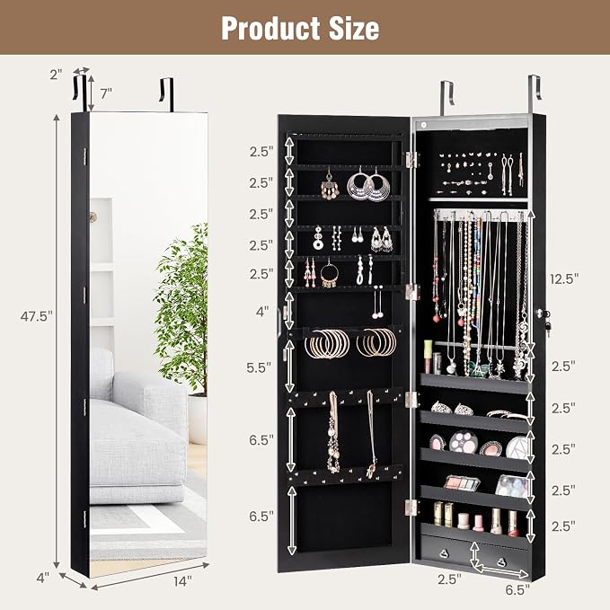 Moccha Wall Door Jewelry Armoire, Full Screen Jewelry Cabinet for Bedroom, Lockable Jewelry Cabinet, Jewelry Organizer Storage with 2 LED Lights and 2 Drawers, Black