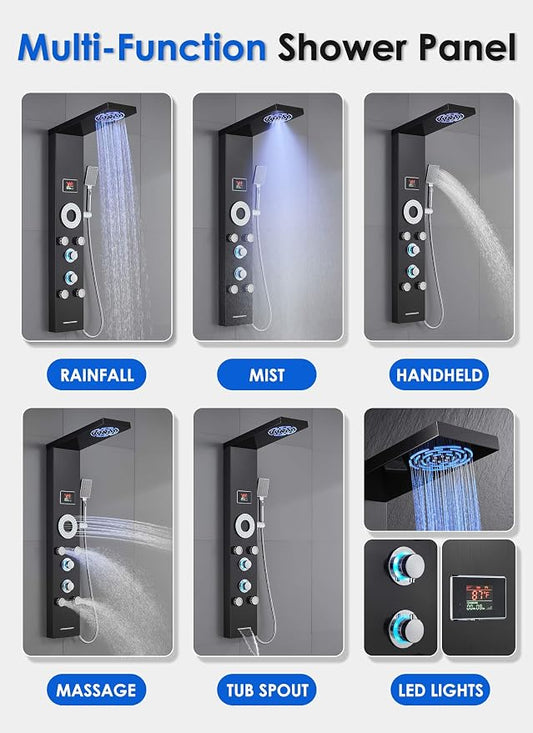 ROVOGO Shower Panel Tower With Led Lights & Digital Display, Water Powered | Rainfall Mist Shower Head, 5 Body Jets, Handheld and Tub Spout, Stainless Shower Column with Brass Valves, 46.5 Inch, Black