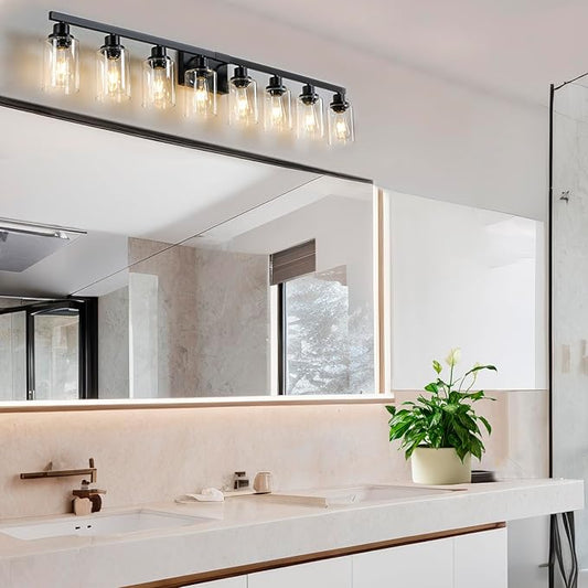 8 Light Bathroom Vanity Lights Over Mirror, 52inch Black Vanity Lights Fixtures Matte Black Modern Vanity Lights Black Bathroom Wall Lighting for Mirror Bedroom,Living Room