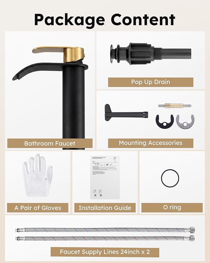 Vessel Sink Faucet Black and Gold:WOWOW Single Handle Tall Bathroom Faucet - Waterfall Single Hole Mixer Bar Tap with Large Rectangular Spout, Deck Mount Lavatory Vanity with Pop Up Drain