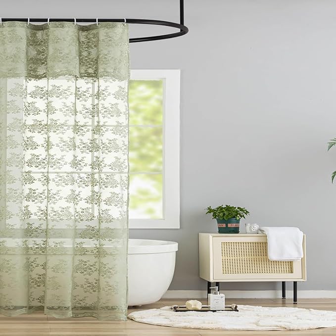 Sage Green Lace Shower Curtain 36x72, Boho for Narrow Stalls and RVs | Attached Valance, Scalloped Floral Lace, Let in Soft Light for Boho Cottagecore Spring and Summer Small Bathrooms