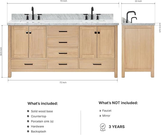 DKB Beckford 72" Oak Double Bathroom Vanity with Sink, 1.5" Edge Carrara White Marble Countertop, Rectangle Sinks, 4 Soft-Closing Doors, 6 Dovetail Drawers