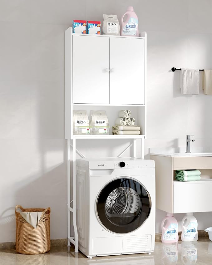 Kitsure 68.1"H Over Toilet Storage Cabinet, Magnetic Door, Adjustable Shelf | Bathroom, Laundry Room, Small Spaces, Families, Multi-Compartment Storage, Anti-Tip Design, White, 3 Tier Storage