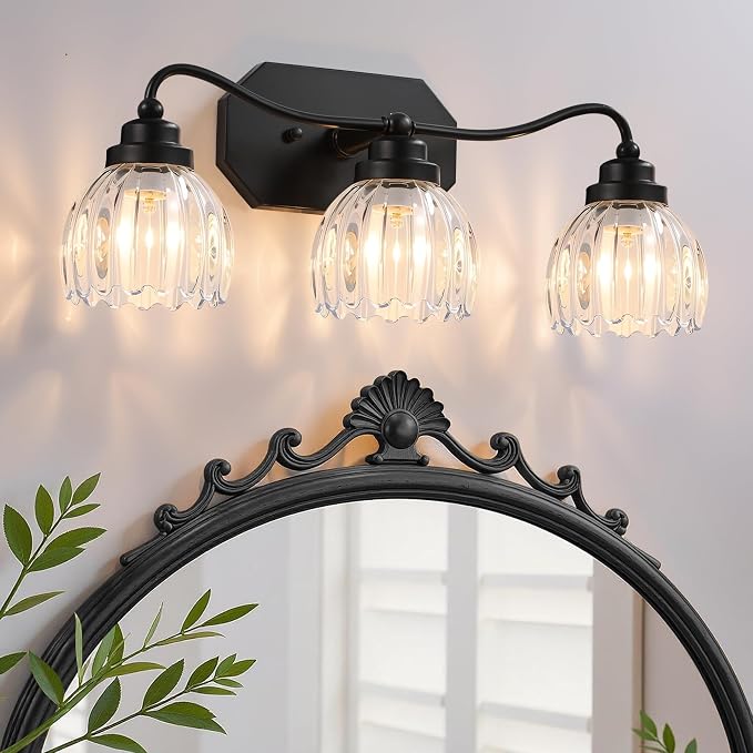 Vintage 3 Light Vanity Lights,Black Matte Antique Finish | Clear Tulip Crystal Bathroom Light Fixture, Mid Century Style, Elegant Wall Sconce Ideal for Bedroom,Hallway, Easy to install