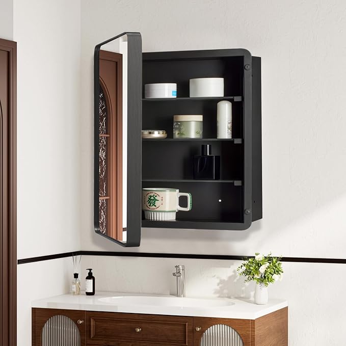 20’’x20’’ Medicine Cabinet,Metal Framed Medicine Cabinet Mirror with Round Corner,Recessed and Surface Mount Bathroom Mirror with Storage, Removeable Shelves,Dark Gray Frame